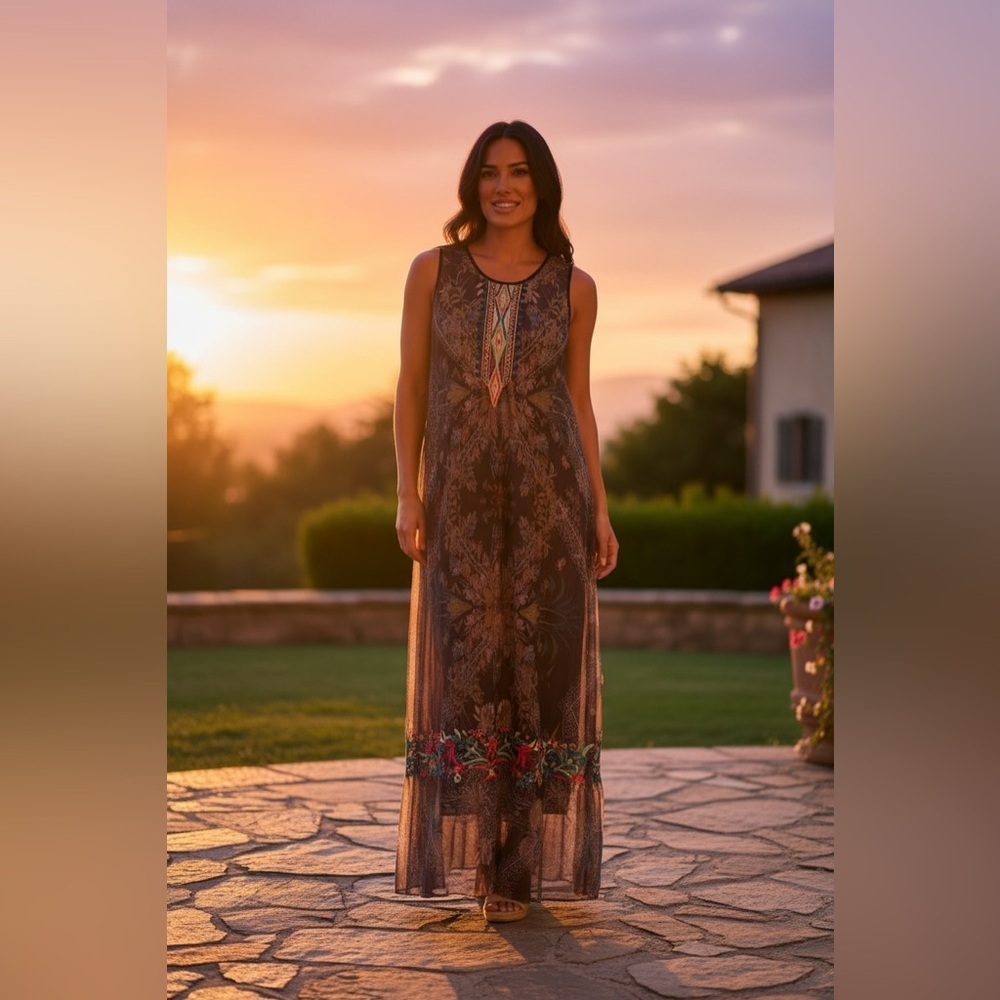 Johnny Was Biya Sleeveless Brown Floral Maxi slip Dress with Embroidered Trim